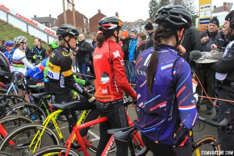 The women stand ready to start the last World Cup of the season. 2018 Hoogerheide World Cup. © B. Hazen / Cyclocross Magazine