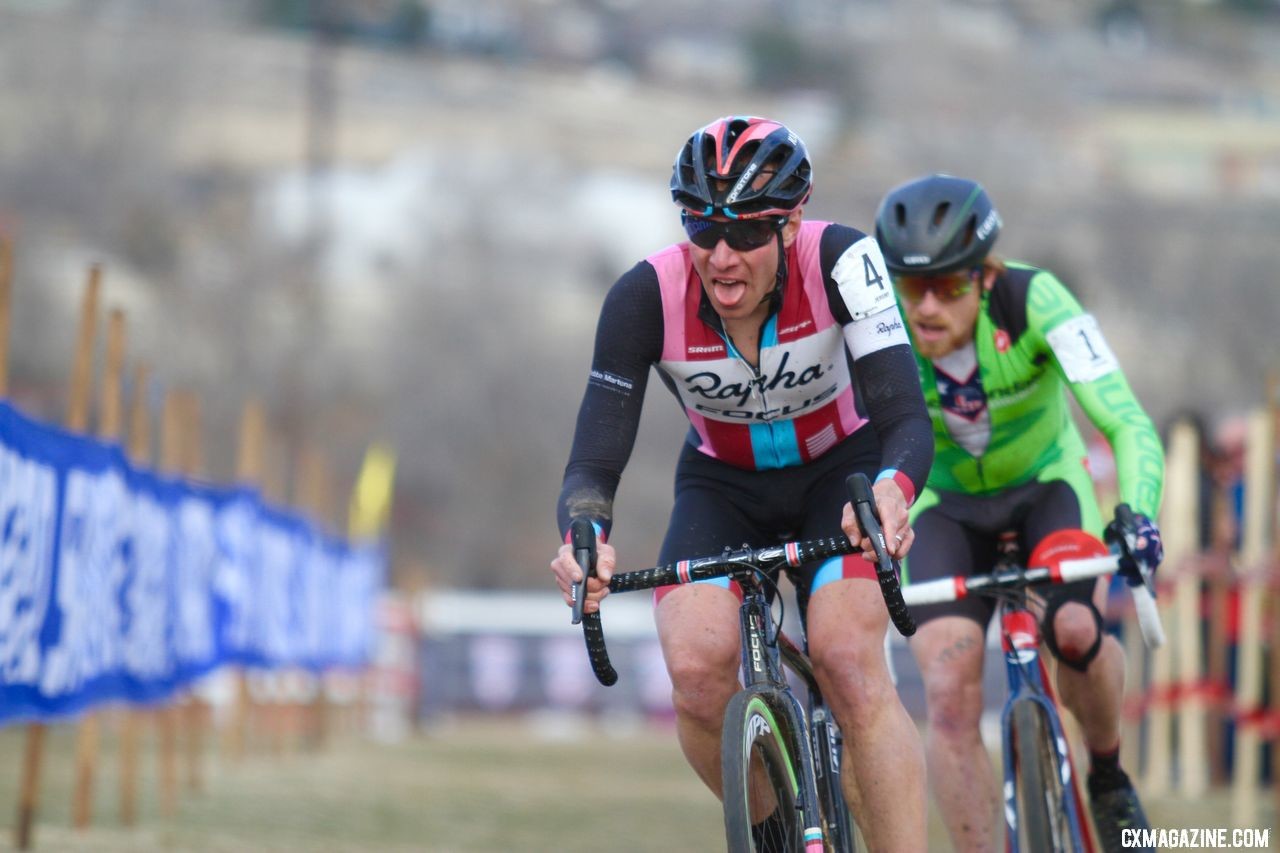 The lead eventually became Powers and Hyde. Elite Men, 2018 Cyclocross National Championships. © D. Mable/ Cyclocross Magazine