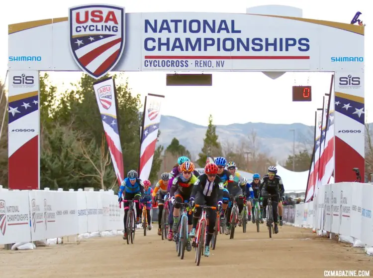 The field rips out onto the course. Masters 35-39. 2018 Cyclocross National Championships. © D. Mable/ Cyclocross Magazine