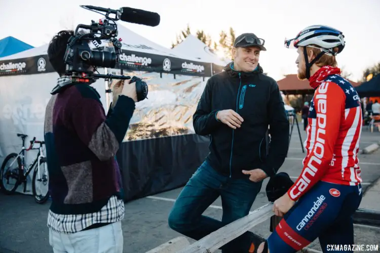 Stephen Hyde and Ryan Trebon chat on Friday evening. 2018 Cyclocross National Championships. © J. Curtes / Cyclocross Magazine