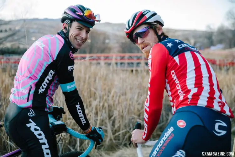 Stephen Hyde and Kerry Werner pre-rode the course together on Friday night. 2018 Cyclocross National Championships. © J. Curtes / Cyclocross Magazine