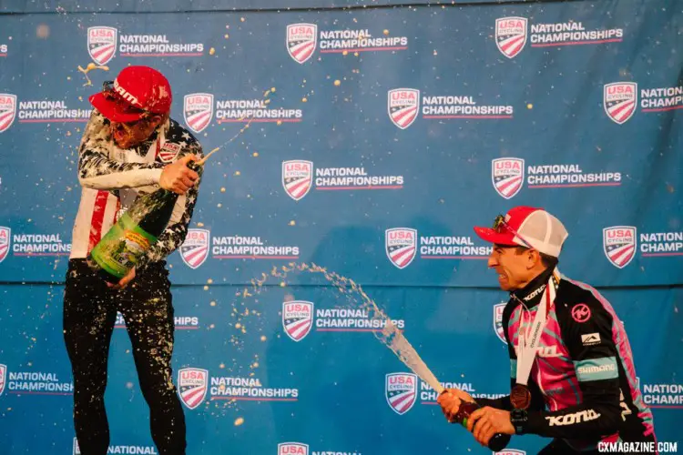 Kerry Werner and Stephen Hyde celebrate their podium finishes at the awards presentation. 2018 Cyclocross National Championships. © J. Curtes / Cyclocross Magazine