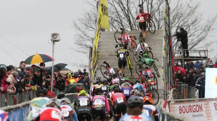 The women riders head up the flyover early on in the race. 2018 GP Sven Nys Baal. © B. Hazen / Cyclocross Magazine