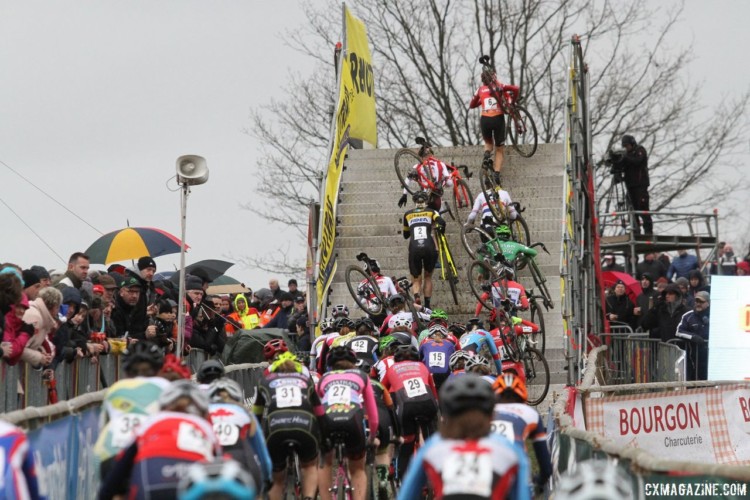 The women riders head up the flyover early on in the race. 2018 GP Sven Nys Baal. © B. Hazen / Cyclocross Magazine