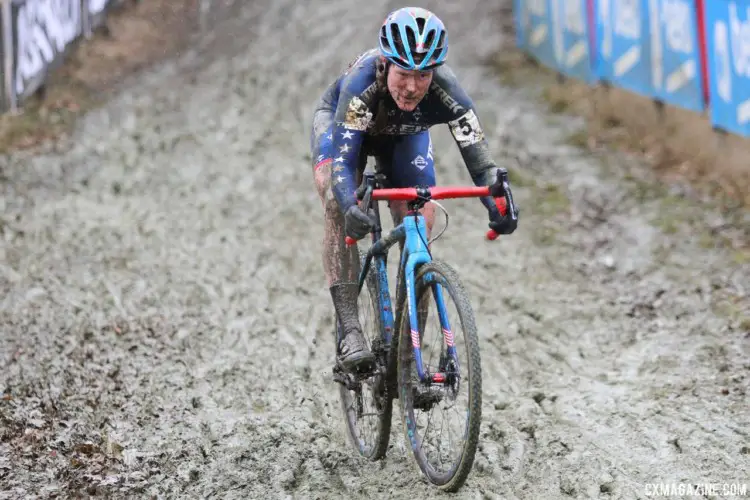 Katie Compton frequently went to the drops for more control in the muddy conditions. 2018 GP Sven Nys Baal. © B. Hazen / Cyclocross Magazine