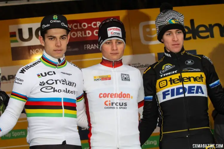 World Cup Nommay podium: Mathieu van der Poel, Wout van Aert and Toon Aerts. 2018 Telenet UCI World Cup Nommay. © B. Hazen / Cyclocross Magazine