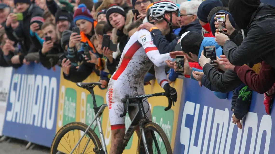 Mathieu van der Poel celebrates his win. 2018 Telenet UCI World Cup Nommay. © B. Hazen / Cyclocross Magazine