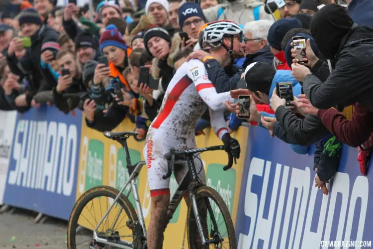 Mathieu van der Poel celebrates his win. 2018 Telenet UCI World Cup Nommay. © B. Hazen / Cyclocross Magazine