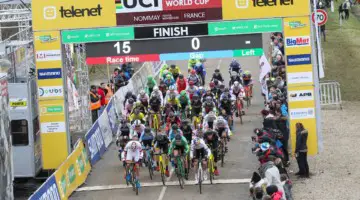 Riders head out onto the course at Nommay. 2018 Telenet UCI World Cup Nommay. © B. Hazen / Cyclocross Magazine