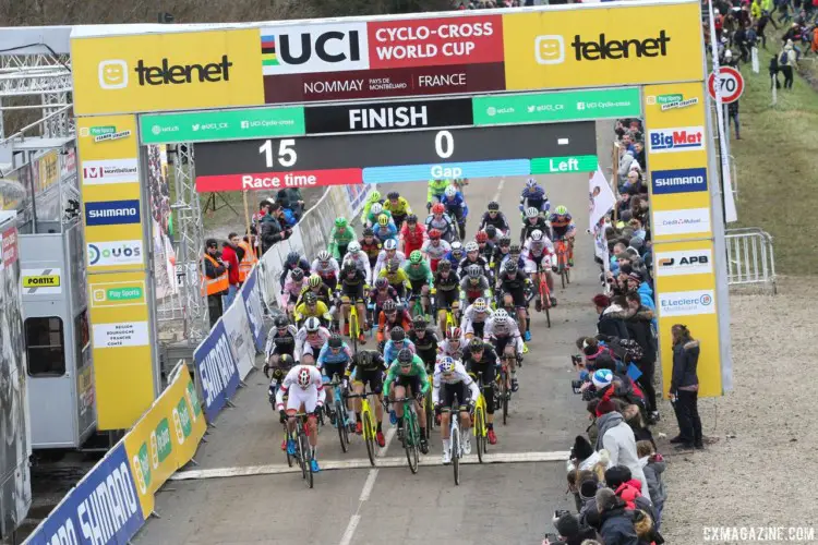 Riders head out onto the course at Nommay. 2018 Telenet UCI World Cup Nommay. © B. Hazen / Cyclocross Magazine