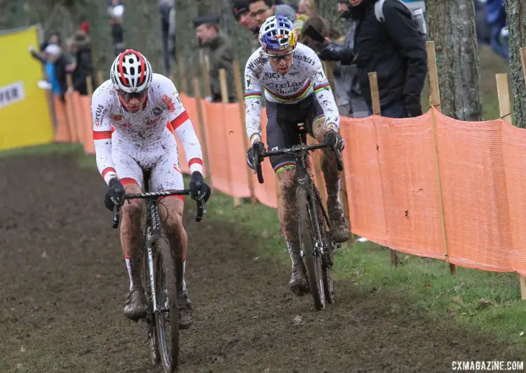 Wout van Aert battled with Mathieu van der Poel before getting dropped. 2018 Telenet UCI World Cup Nommay. © B. Hazen / Cyclocross Magazine