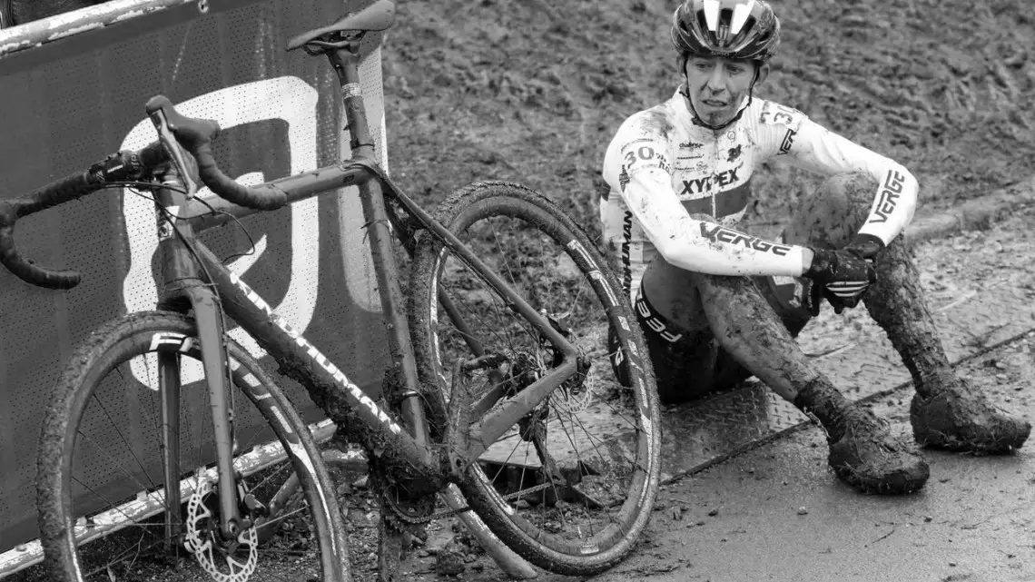 Helen Wyman take a moment after the muddy race. 2018 Telenet UCI World Cup Nommay. © B. Hazen / Cyclocross Magazine