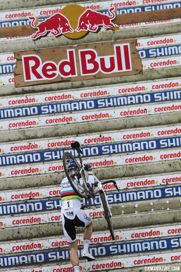 New Red Bull athlete Wout van Aert heads up the fly-over. 2018 Hoogerheide World Cup. © B. Hazen / Cyclocross Magazine