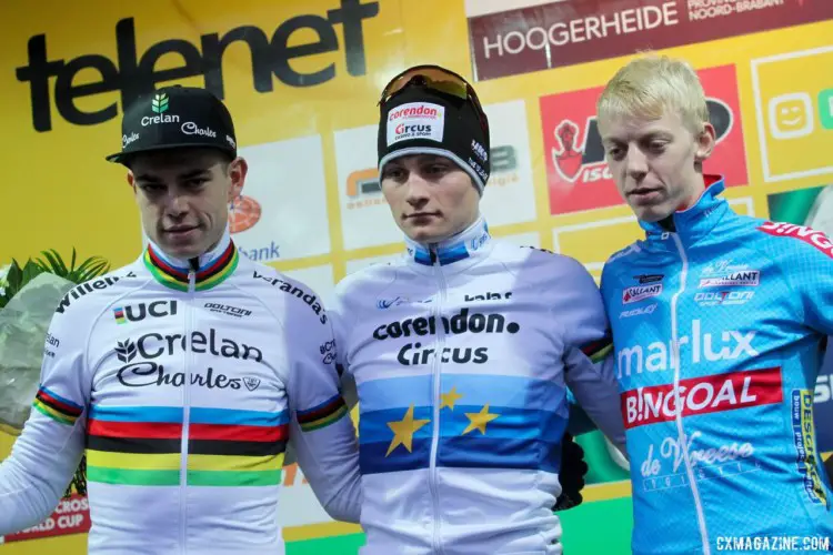 Men's Podium: Mathieu van der Poel, Wout van Aert and Michael Vanthourenhout. 2018 Hoogerheide World Cup. © B. Hazen / Cyclocross Magazine