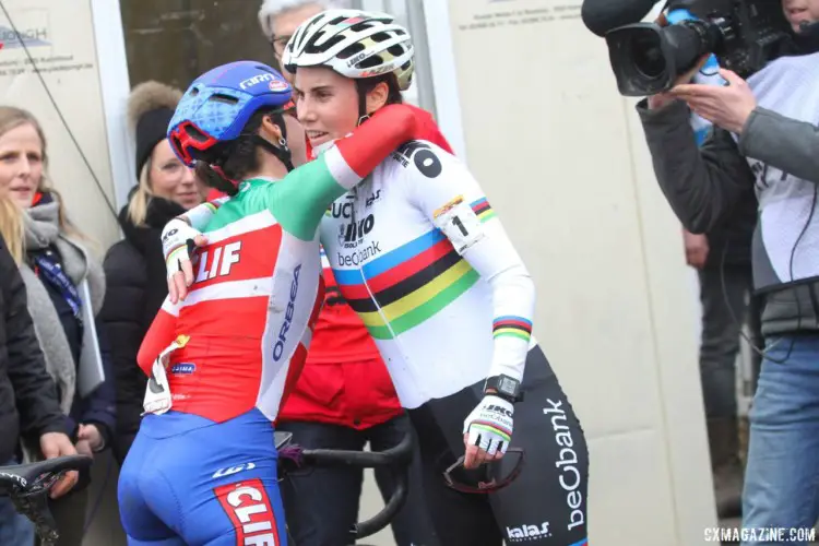 Eva Lechner and Sanne Cant embrace after their battle for first. 2018 Hoogerheide World Cup. © B. Hazen / Cyclocross Magazine