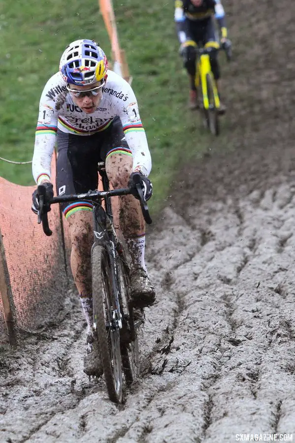 Wout van Aert finished second on the muddy afternoon. 2018 Telenet UCI World Cup Nommay. © B. Hazen / Cyclocross Magazine