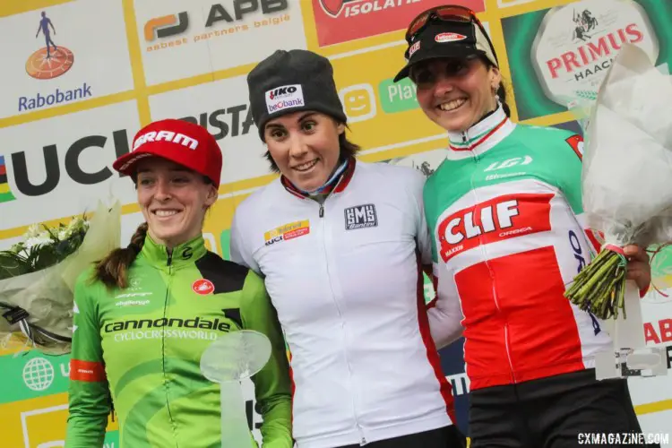 Overall World Cup podium: Sanne Cant, Kaitie Keough and Eva Lechner. 2018 Hoogerheide World Cup. © B. Hazen / Cyclocross Magazine