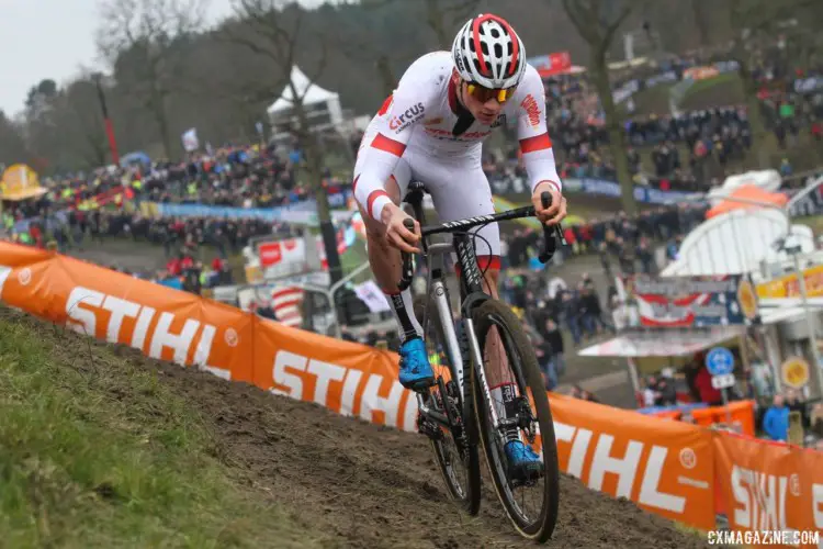 Mathieu van der Poel escaped solo in the first lap. 2018 Hoogerheide World Cup. © B. Hazen / Cyclocross Magazine