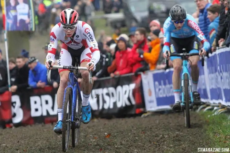 Laurens Sweeck and Michael Vanthourenhout battled ford third. 2018 Hoogerheide World Cup. © B. Hazen / Cyclocross Magazine