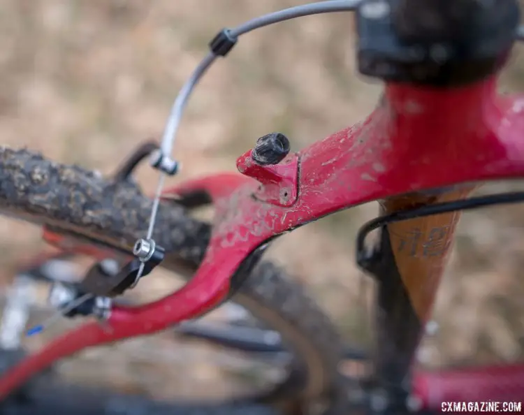 The frame was originally designed for cantilevers, and features a cable stop with an integrated barrel adjuster. Elgart is running mini-v brakes however, and bypassed the stop. 2018 Cyclocross National Championships. © A. Yee / Cyclocross Magazine