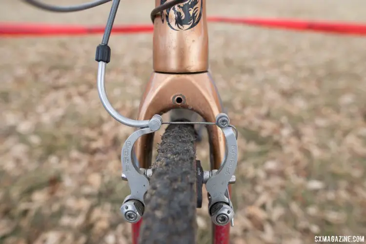 Elgart is using Paul Mini Moto linear pull brakes with jagwire alloy compound pads. 2018 Cyclocross National Championships. © A. Yee / Cyclocross Magazine