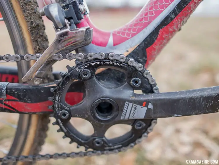 While the bike has both a front derailleur and two chainrings, Elgart can only use the larger Wolf Tooth narrow-wide ring. The derailleur and inner chainring act only as chain guards. John Elgart's Masters 70-74 winning cyclocross bike. 2018 Cyclocross National Championships. © A. Yee / Cyclocross Magazine