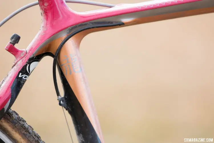 The front derailleur cable is routed through the top tube and into a stop on the seat tube. A pulley allows use of bottom pull road derailleurs. John Elgart's Masters 70-74 winning cyclocross bike. 2018 Cyclocross National Championships. © A. Yee / Cyclocross Magazine