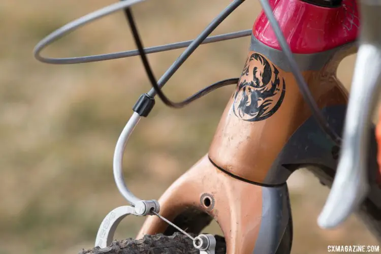 Elgart's bike has Paul Mini Moto linear pull brakes, but the frame was originally designed for cantilevers. The fork crown is drilled to accept a cable stop, which was a common way to reduce brake shudder when cantilevers were prominent. John Elgart's Masters 70-74 winning cyclocross bike. 2018 Cyclocross National Championships. © A. Yee / Cyclocross Magazine