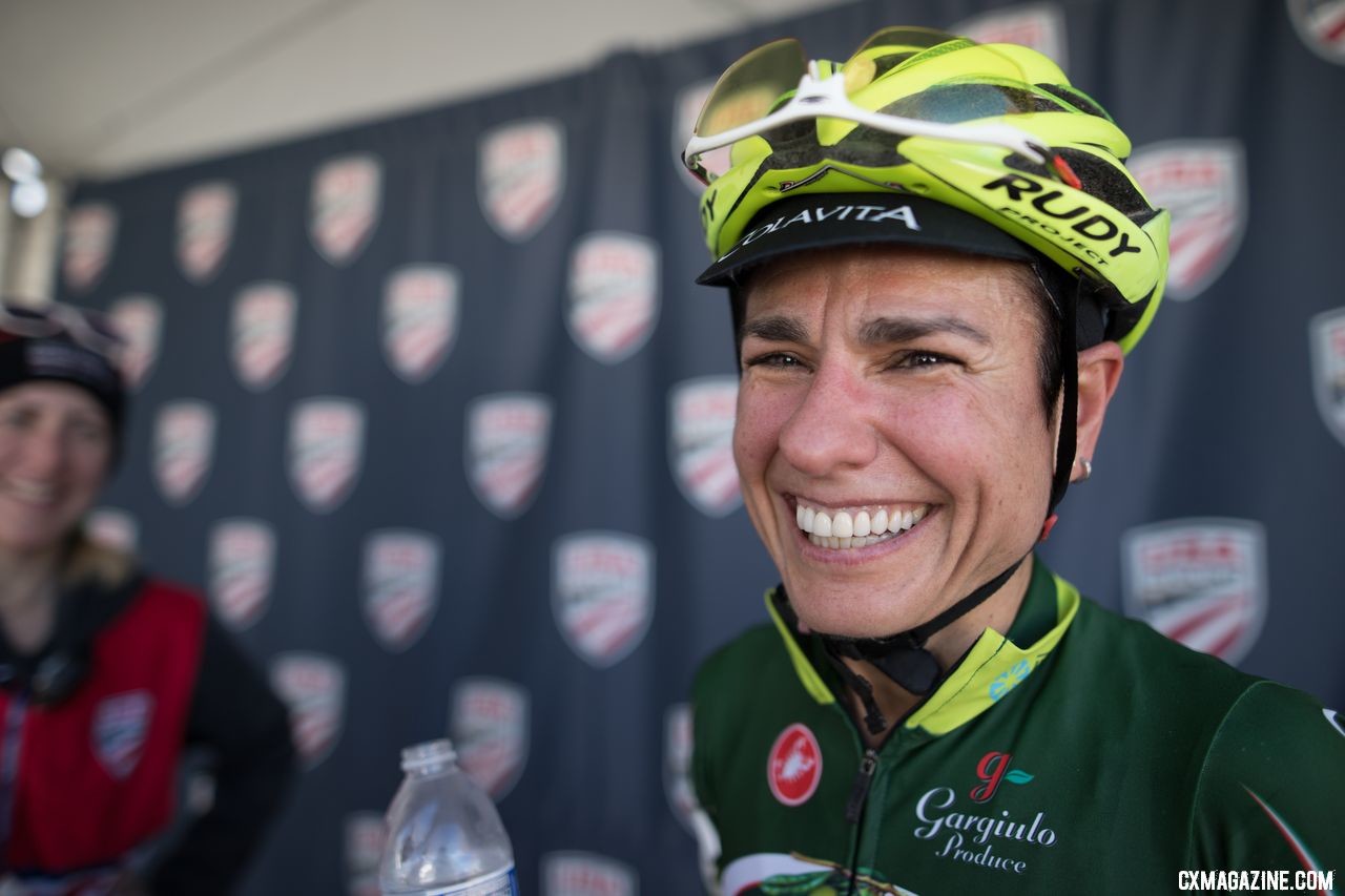 Stacey Barbossa finally gets her gold medal after two silvers and two bronze finishes at Cyclocross Nationals. Masters Women 50-54. 2018 Cyclocross National Championships. © A. Yee / Cyclocross Magazine