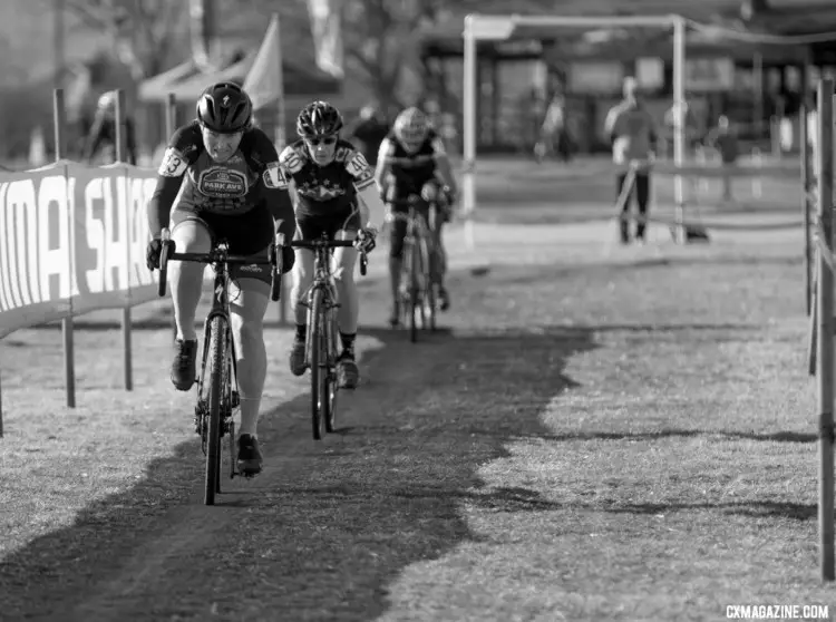 A line of riders heads down a straight made faster by the drying conditions. Masters Women 55-59. 2018 Cyclocross National Championships. © A. Yee / Cyclocross Magazine