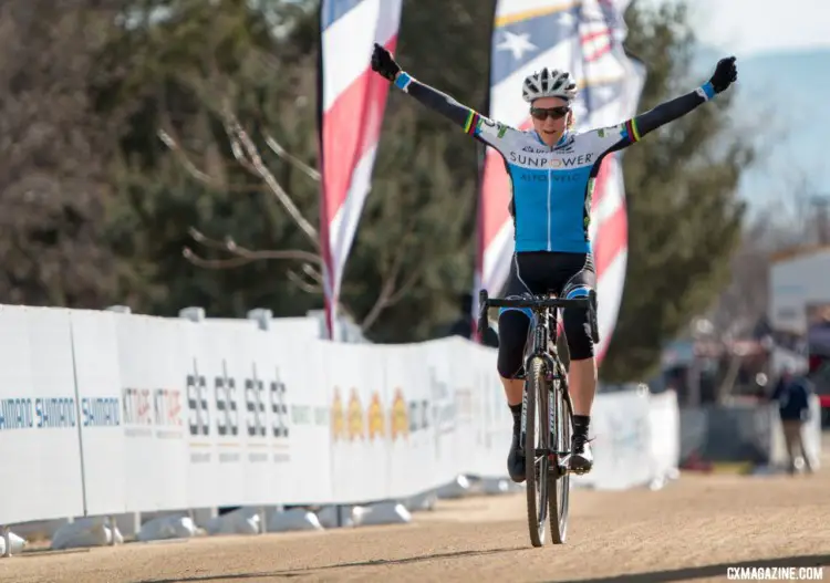 Karen Brems finished in a celebratory mood. Masters Women 55-59. 2018 Cyclocross National Championships. © A. Yee / Cyclocross Magazine