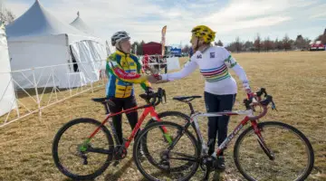 Frances Marquart and Julie Lockhart shake hands after their race. Masters 60+. 2018 Cyclocross National Championships. © A. Yee / Cyclocross Magazine