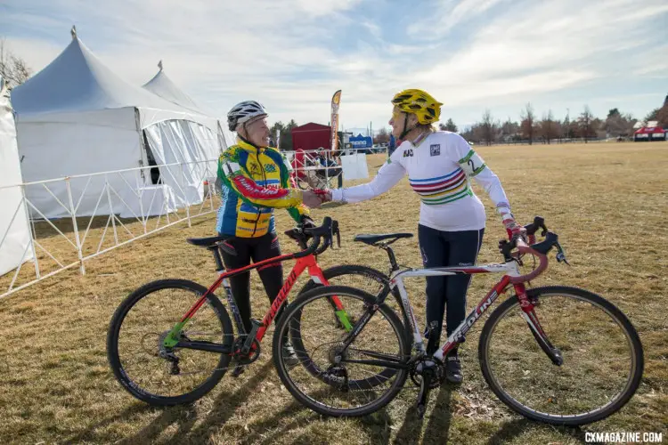 Frances Marquart and Julie Lockhart shake hands after their race. Masters 60+. 2018 Cyclocross National Championships. © A. Yee / Cyclocross Magazine