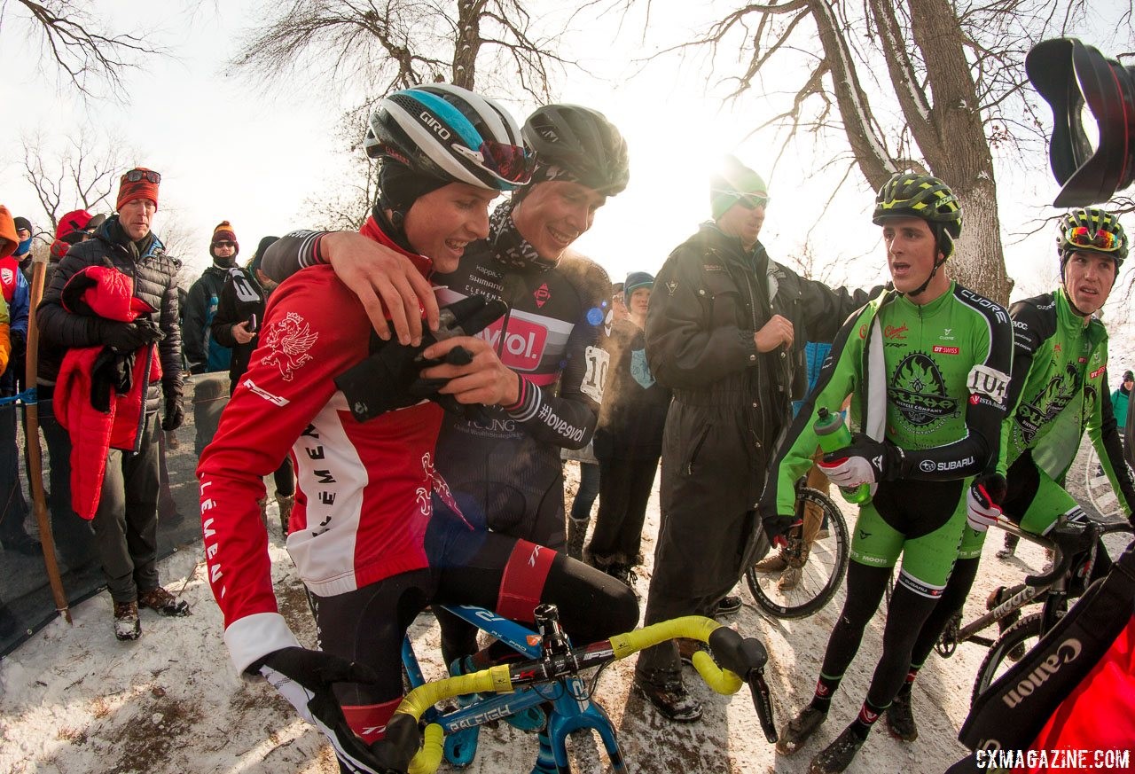 Sportmanship. Despite the heartbreaking event, Chance congratulates Haidet on his win. © Cyclocross Magazine