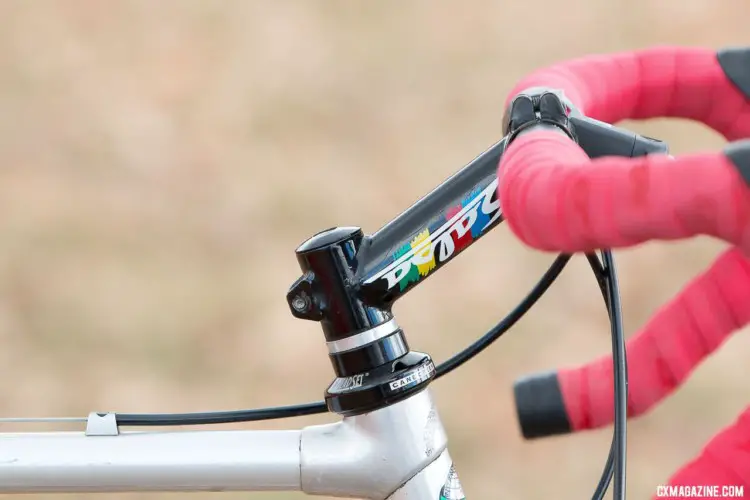 Originally, the headset would have been threaded and the bars would be attached with a quill stem. Dahlstrand used a 1” Salsa stem and Cane Creek Aheadset to update his front end. Pete Dahlstrand’s Masters 80-84 winning 1986 Alan cyclocross bike. 2018 Cyclocross National Championships. © A. Yee / Cyclocross Magazine