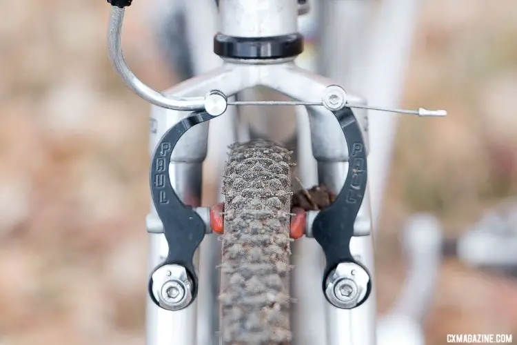 Paul MiniMoto linear pull brakes with KoolStop Salmon pads provide stopping power in the front. Note the small size of the fork crown. No 40mm gravel tires here! Pete Dahlstrand’s Masters 80-84 winning 1986 Alan cyclocross bike. 2018 Cyclocross National Championships. © A. Yee / Cyclocross Magazine