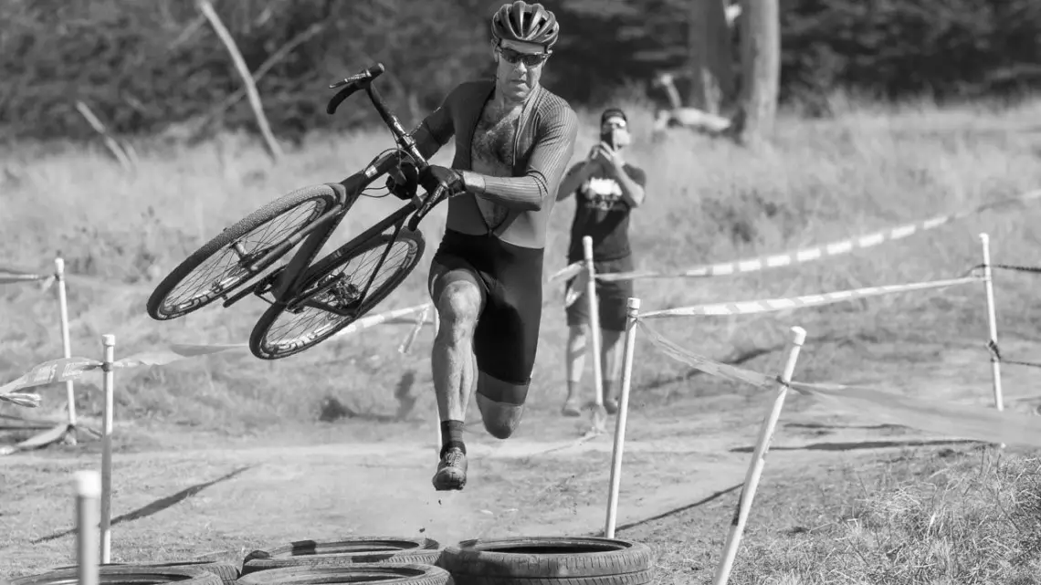 Justin Robinson shows off expert tire barrier technique. 2016 Rock Lobster Cup delivered grassroots racing, celebrity sightings and fund raising for the Rock Lobster cyclocross team. © Cyclocross Magazine