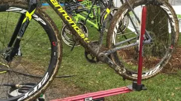 The truing stand is connected to the Sprint work stand and stands upright. Canndonale p/b Cyclocrossworld.com modified Feedback Sports wash stand. © B. Grant / Cyclocross Magazine