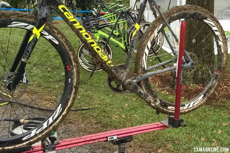 The truing stand is connected to the Sprint work stand and stands upright. Canndonale p/b Cyclocrossworld.com modified Feedback Sports wash stand. © B. Grant / Cyclocross Magazine