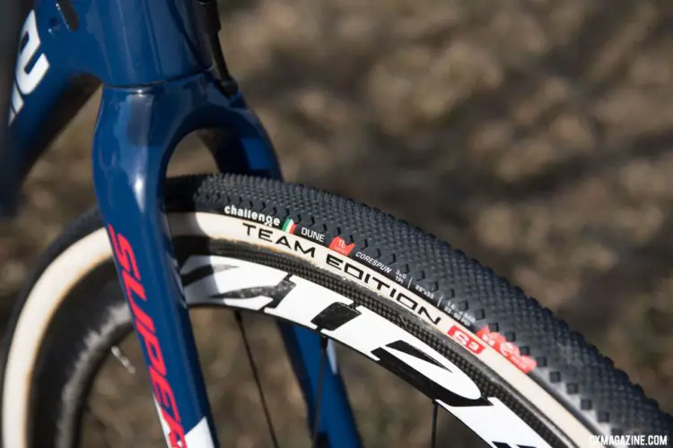 Hyde rode Challenge Team Edition Dune tires, which offer a diamond shaped shoulder lug for cornering in dry conditions. © Cyclocross Magazine