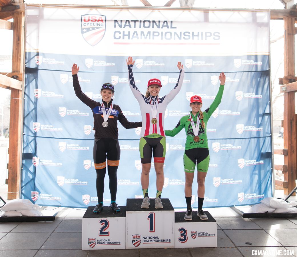U23 Women: Clara Honsinger; Emma White, Katie Clouse. 2018 Cyclocross National Championships. © A. Yee / Cyclocross Magazine