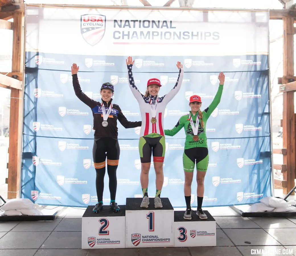 U23 Women: Clara Honsinger; Emma White, Katie Clouse. 2018 Cyclocross National Championships. © A. Yee / Cyclocross Magazine