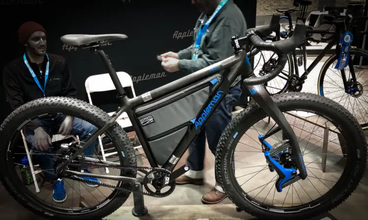 Appleman's FR-213 (Fire Road 213) is a belt driven, front suspended drop bar bike that blurs a lot of lines. Careful design of the chainstays allows use of a mountain bike crankset with tires up to 95mm. 2018 North American Handmade Bike Show. © Mike Taylor / Cyclocross Magazine