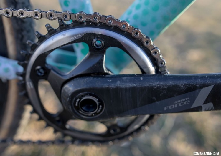 Making use of the $quidcross!'s PF30 bottom bracket, Runnels was able to save some weight with a BB30 crank. Samantha Runnels' Collegiate Varsity silver-medal Squid cyclocross bike. 2018 Cyclocross National Championships. © A. Yee / Cyclocross Magazine