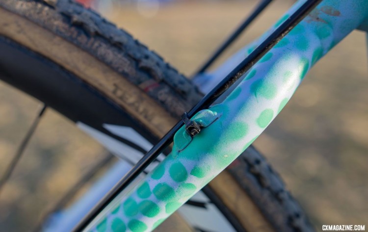 Runnels custom paint includes a polka dot theme. Note the Team Edition label on her tire. Samantha Runnels' Collegiate Varsity silver-medal Squid cyclocross bike. 2018 Cyclocross National Championships. © A. Yee / Cyclocross Magazine