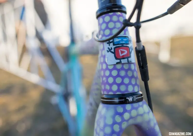 Runnels head badge, like the rest of the bike's finish, is decidedly DIY. Samantha Runnels' Collegiate Varsity silver-medal Squid cyclocross bike. 2018 Cyclocross National Championships. © A. Yee / Cyclocross Magazine