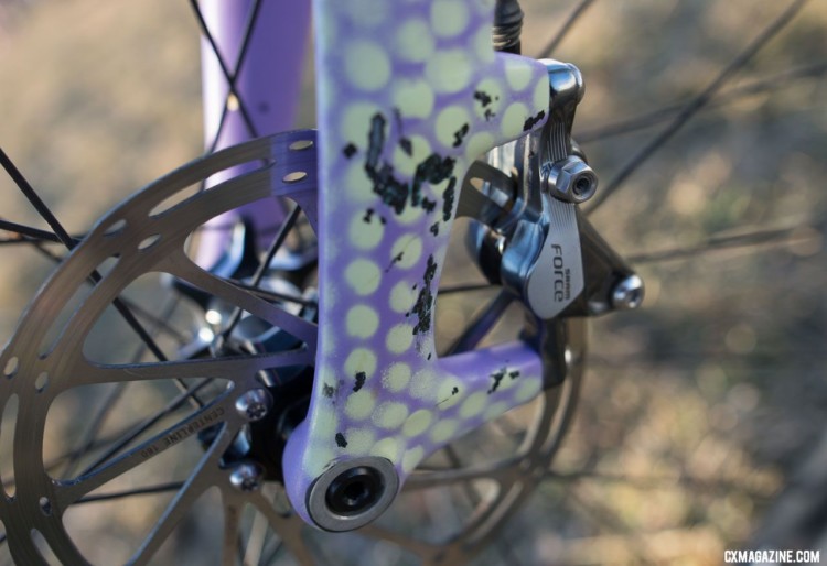 Runnels chose 160mm rotors for increased stopping power. Samantha Runnels' Collegiate Varsity silver-medal Squid cyclocross bike. 2018 Cyclocross National Championships. © A. Yee / Cyclocross Magazine