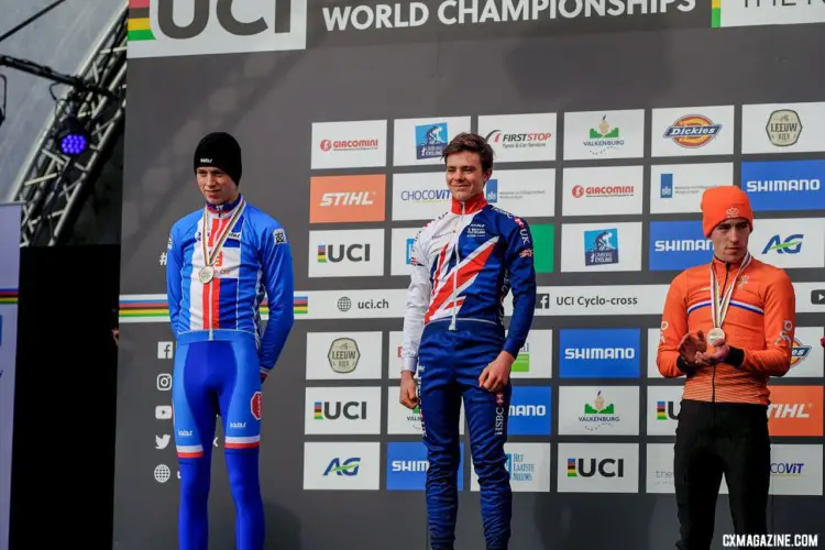 Junior Men podium: Ben Tulett, Tomas Kopecky and Ryan Kamp. Junior Men, 2018 UCI Cyclocross World Championships, Valkenburg-Limburg, The Netherlands. © Gavin Gould / Cyclocross Magazine