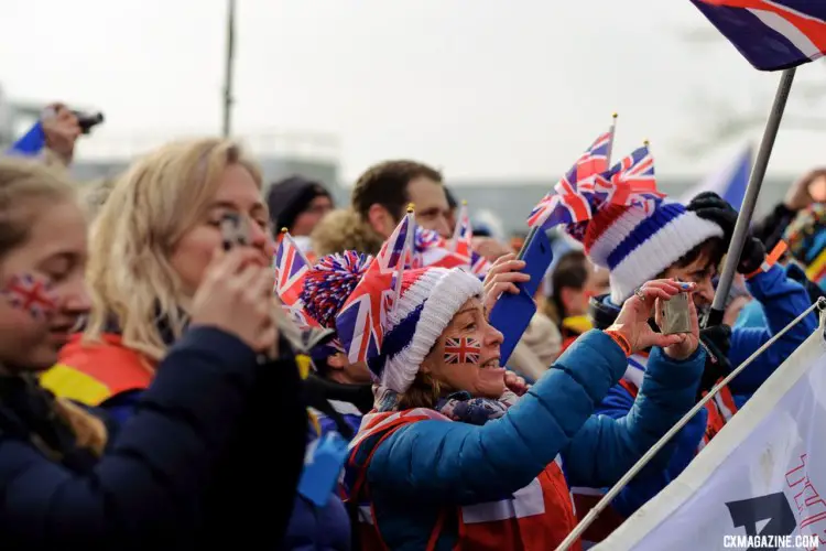 British fans cheer on Ben Tulett. Junior Men, 2018 UCI Cyclocross World Championships, Valkenburg-Limburg, The Netherlands. © Gavin Gould / Cyclocross Magazine