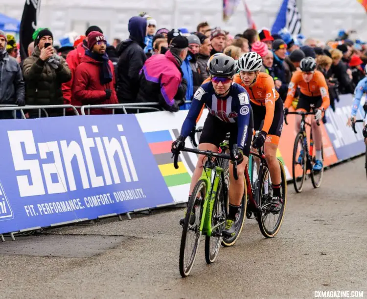 Emma White grabs the holeshot. U23 Women. 2018 UCI Cyclocross World Championships, Valkenburg-Limburg, The Netherlands. © Gavin Gould / Cyclocross Magazine